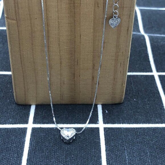 Silver Women's Love Heart Pendant With Diamond Inlay Necklace - Picture 3 of 3